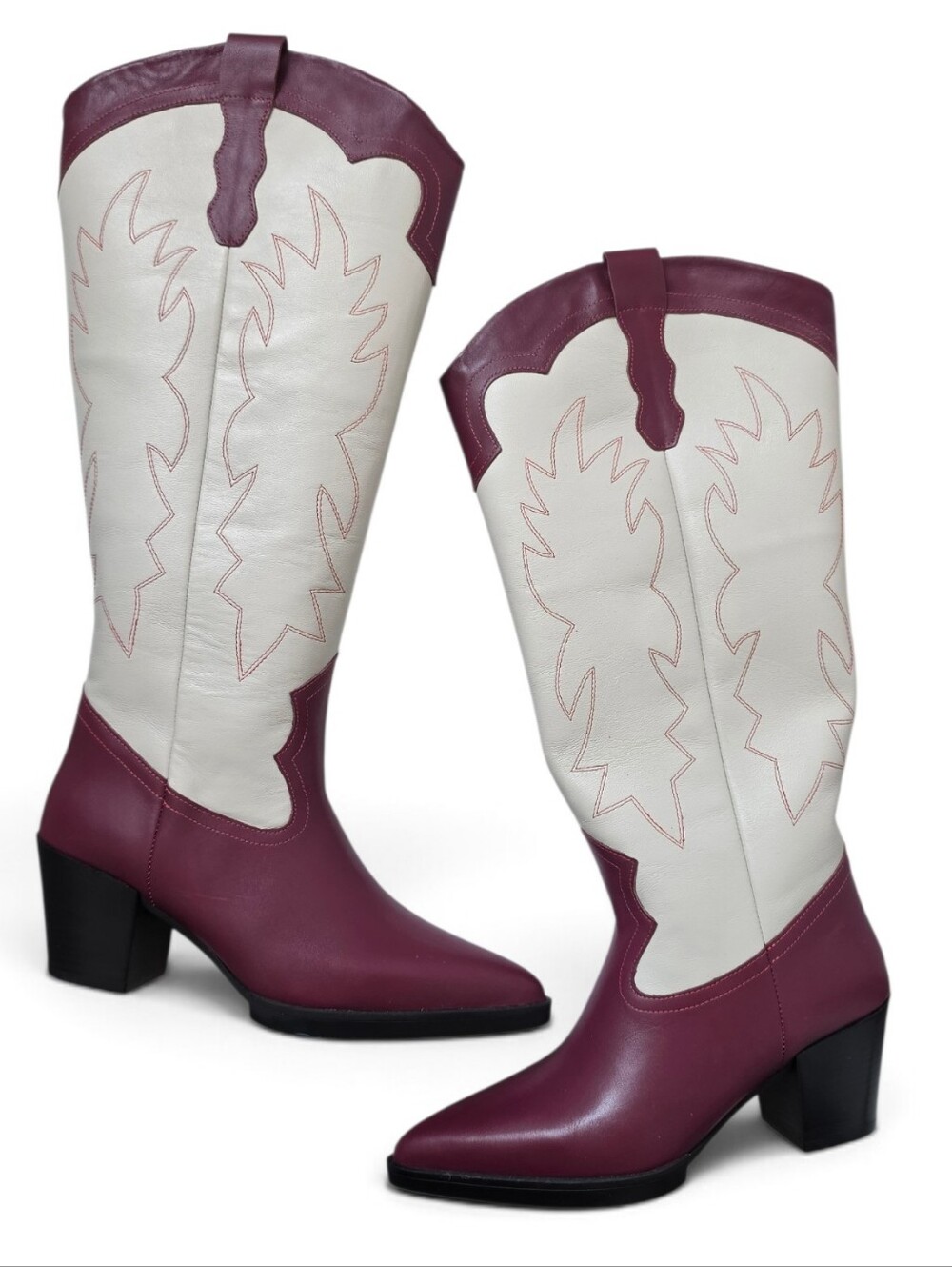 Girotti Burgundy White Leather Cowboy Boots Western Boots Knee High Pointed Toe